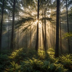 A misty forest at sunrise, with rays of sunlight breaking through the trees and casting a golden glow.