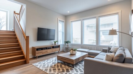 Modern living room with a cozy design, featuring large windows and minimalist furniture.