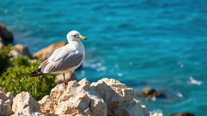 Fototapeta premium Ring-billed Gull on Calpe Rocks, Alicante, Spain - Coastal Scene
