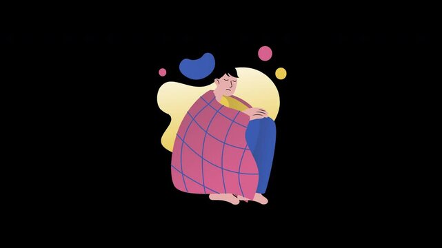 A person wrapped in a blanket, expressing calmness and introspection in a cartoon style.