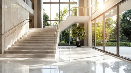 Entryway with marble steps, large windows in a suburban setting.