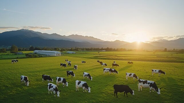 Aerial view of a large dairy farm, rows of dairy cattle grazing in paddocks, neatly divided fields, and farm buildings in the distance