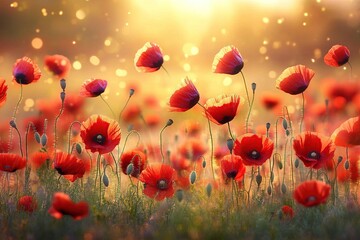 Fototapeta premium Vibrant Red Poppies Bloom in Golden Sunset Light, Creating a Stunning Floral Display in Nature's Beauty