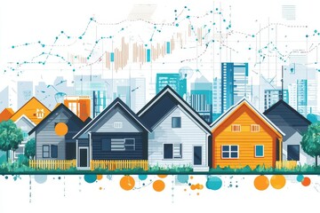 housing market depicted with diverse homes and properties economic indicators overlaying vibrant and engaging illustration capturing trends in the real estate sector