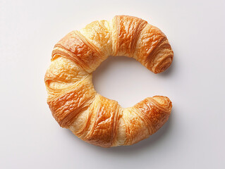 a flaky croissant in a shape of a letter C. minimalistic, white background