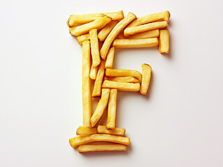 a capital letter F made of french fries. Minimalistic design on a plain white background.