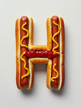a capital letter H made from hot dogs with ketchup and mustard. a minimalistic style on a plain white background. 
