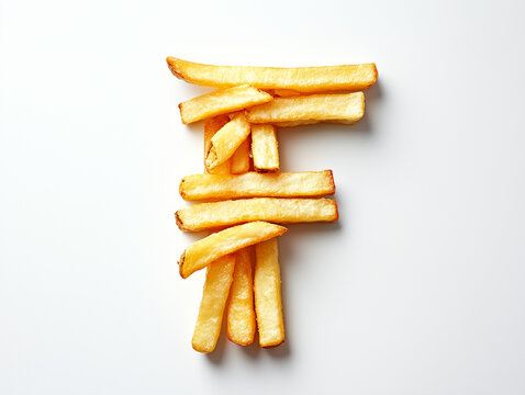 a capital letter F made of french fries. Minimalistic design on a plain white background.