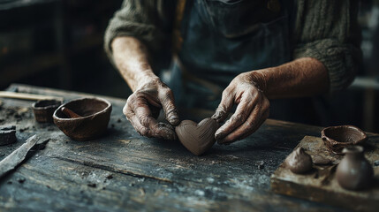 A craftsman shapes a handmade heart from clay, showcasing artistry and dedication in a rustic workshop filled with pottery tools.
