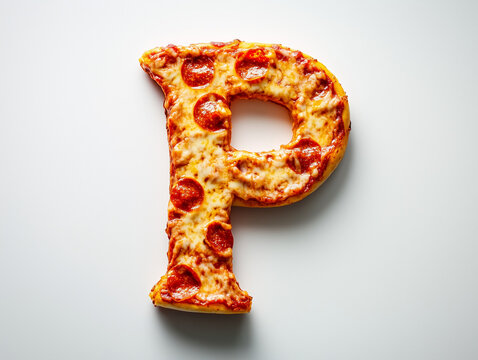 a letter P made of pizza. Minimalistic design on a plain white background. Top view