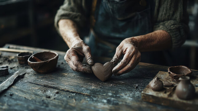 A craftsman shapes a handmade heart from clay, showcasing artistry and dedication in a rustic workshop filled with pottery tools.