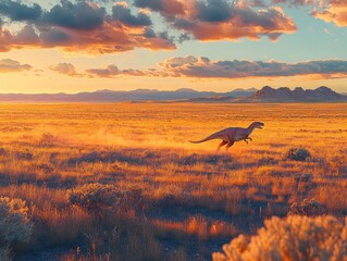 Fototapeta premium Dinosaur Roaming at Sunset in a Vast Desert Landscape