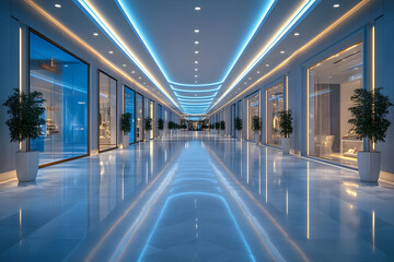 Luxurious mall corridor, night, shops, lighting, reflection