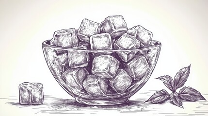 Hand-drawn sketch of ice cubes in a glass bowl with mint leaves.