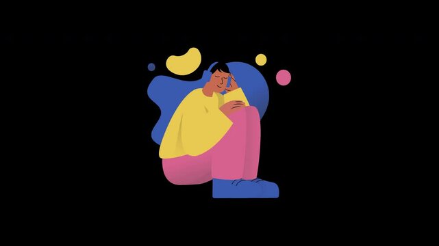 A person of mixed ethnicity sitting with knees drawn up, expressing a sense of calm amidst colorful abstract shapes.