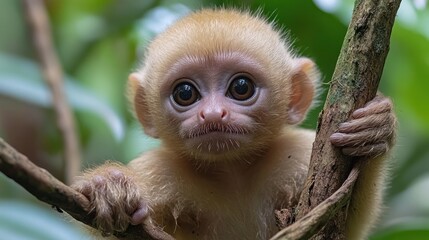 Fototapeta premium Adorable baby monkey clinging to a tree branch in lush green foliage.