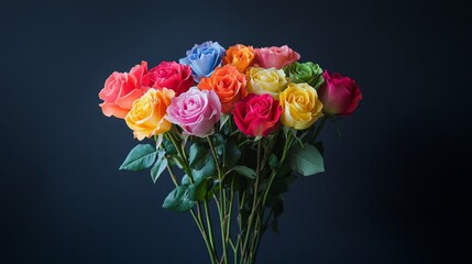 Obraz premium A Rainbow Bouquet Of Colorful Roses Against A Dark Background