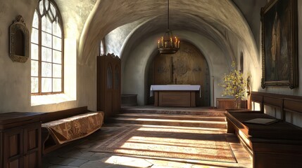 Fototapeta premium Serene chapel bathed in sunlight