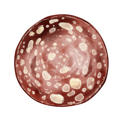 Fresh slice of red sausage. Watercolor illustration perfect for restaurant menus, burger shop, snack bars, food packaging, illustration for stickers and key chains. Element for apps, websites or blogs