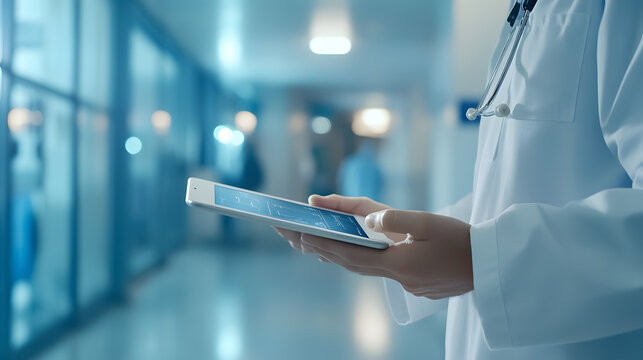 A healthcare and medicine scene where a doctor uses a digital tablet in a hospital setting.