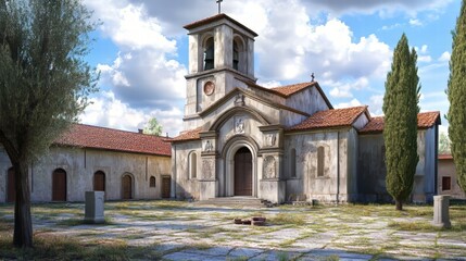 Obraz premium Ancient church courtyard under blue skies