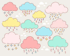 Vector set of whimsical clouds with charming elements. Perfect for adding a playful touch to projects, suitable for children’s designs, creativity, and decorative theme