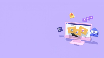 Email Marketing And Newsletter Concept Animation With Copy Space. Digital Communication With Email Messages. Monitor With Email Marketing Icons Animation.