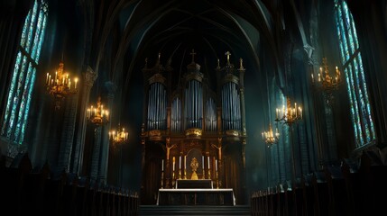 Grand church interior with pipe organ