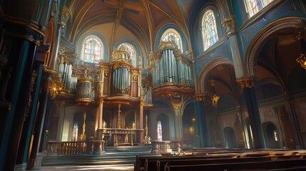 Naklejka premium Grand church interior with pipe organ