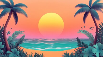 Tranquil Sunset Paradise: Tropical Beach Scene with Palm Trees and Ocean Waves at Golden Hour