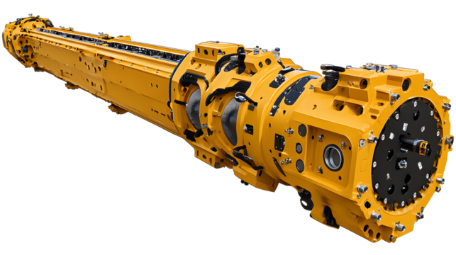 Massive industrial yellow heavy cargo machinery at manufacturing factory