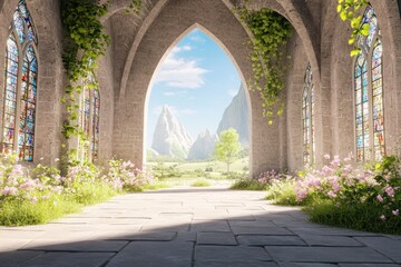 Gothic Archway Framing a Serene Mountain Landscape with Stained Glass and Vines