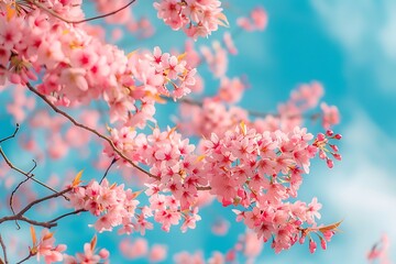 cherry blossom sakura flower with blue sky background in vintage style