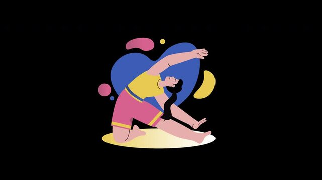A woman stretching in a yoga pose, showcasing flexibility and wellness in a colorful cartoon style.