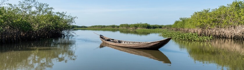 Obraz premium Single boat on calm river, mangrove trees, sunny day, peaceful scene, travel photo