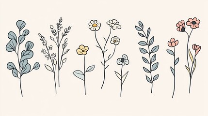Pastel floral illustrations, botanical, design elements, white background, crafting