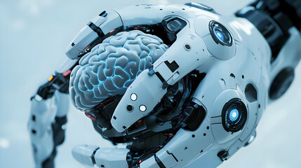 Fototapeta premium Robotic hand gently holding a human brain.