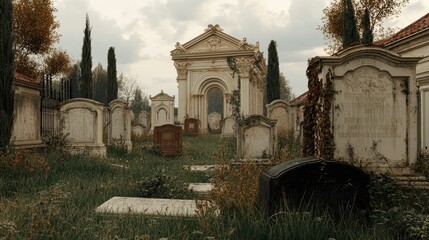 Historic Cemetery with Weathered Tombstones and Overgrown Vegetation Under Overcast Sky
