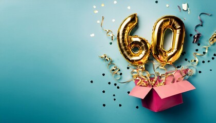 Number 60 birthday balloon celebration gift box lay flat explosion, copy space. Generated image