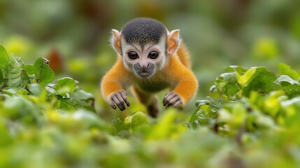 Adorable baby squirrel monkey leaping through lush green foliage.
