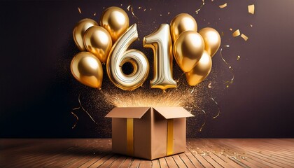 Number 61 birthday balloon celebration gift box lay flat explosion, copy space. Generated image