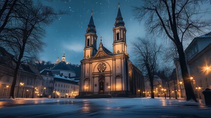 Fototapeta premium Night view of church in snowy square