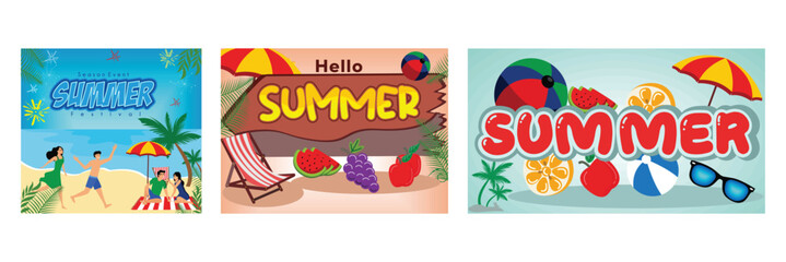Beach with Families and Friends. Beach Items and Seasonal Symbols. Fruits, Chair, Umbrella, and Playful Design. Set flat vector modern illustration