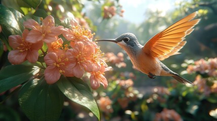 Hummingbird feeding, flowers, rainforest, sunlight, nature