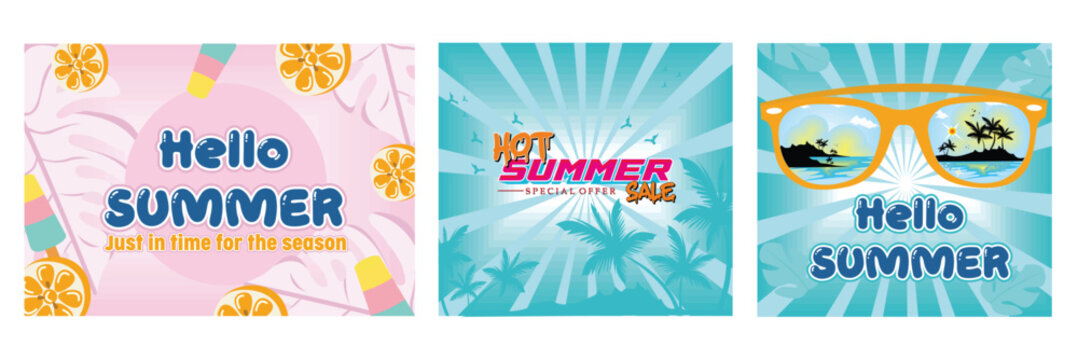 Tropical Fruits and Popsicle. Blue Themed Hot Summer Sale Promotion. The summer design features stylish glasses with tropical islands and sunset reflections. Set flat vector modern illustration