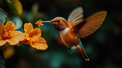 Fototapeta premium Hummingbird feeding, garden, flowers, blurred background, nature