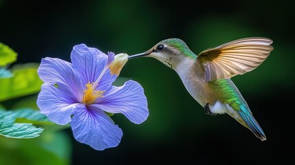 Fototapeta premium Hummingbird feeding purple hibiscus, garden, nature