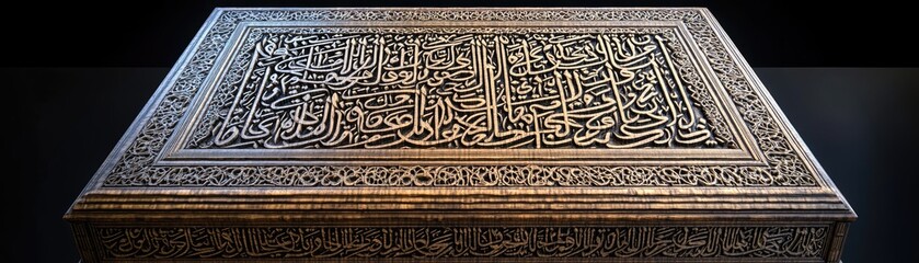 Intricately Carved Decorative Box with Arabic Script in a Dimly Lit Setting