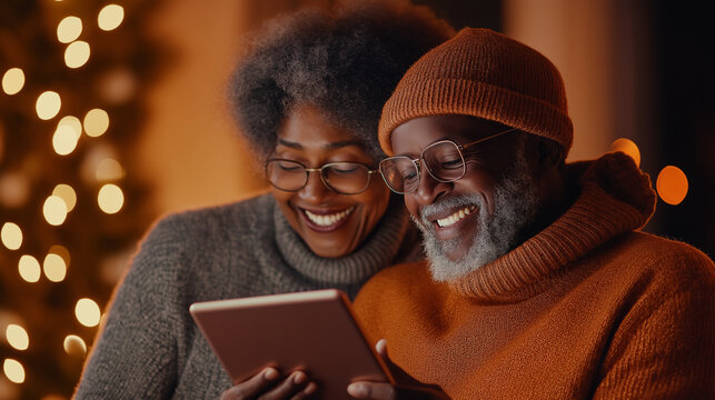 Joyful senior couple using tablet to connect with family in cozy living room
