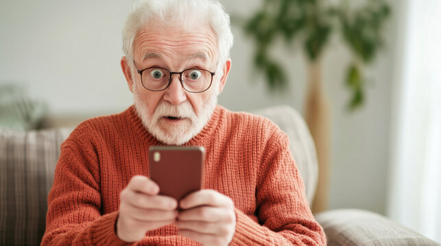 senior man with glasses showing surprise while using smartphone